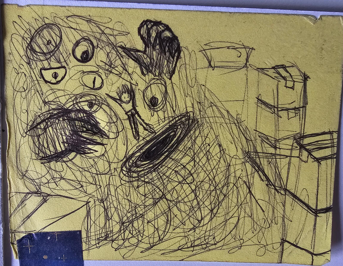 Scribble drawing of Carys escaping into VOSH. Scribble drawing of Carys escaping into VOSH.